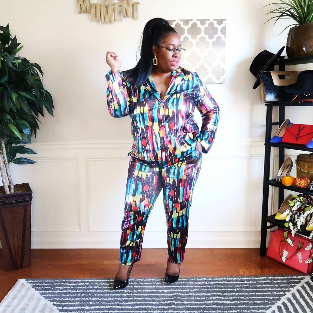 Metallic Sequined Abstract Pattern Pantsuit